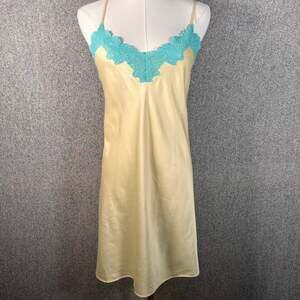 VTG Y2K Yellow Satin Blue Lace Trim Sexy Slip Dress Valerie Stevens Girly Sz M